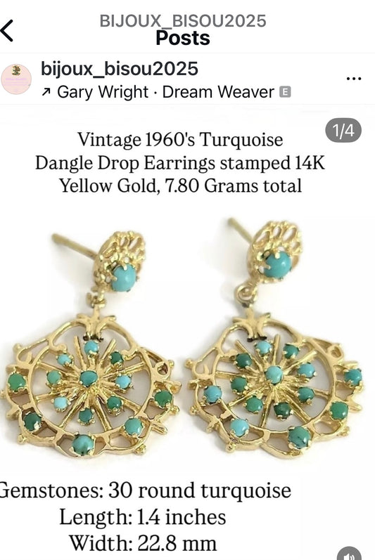 Vintage '60's 14k gold turquoise "dreamweaver" earrings